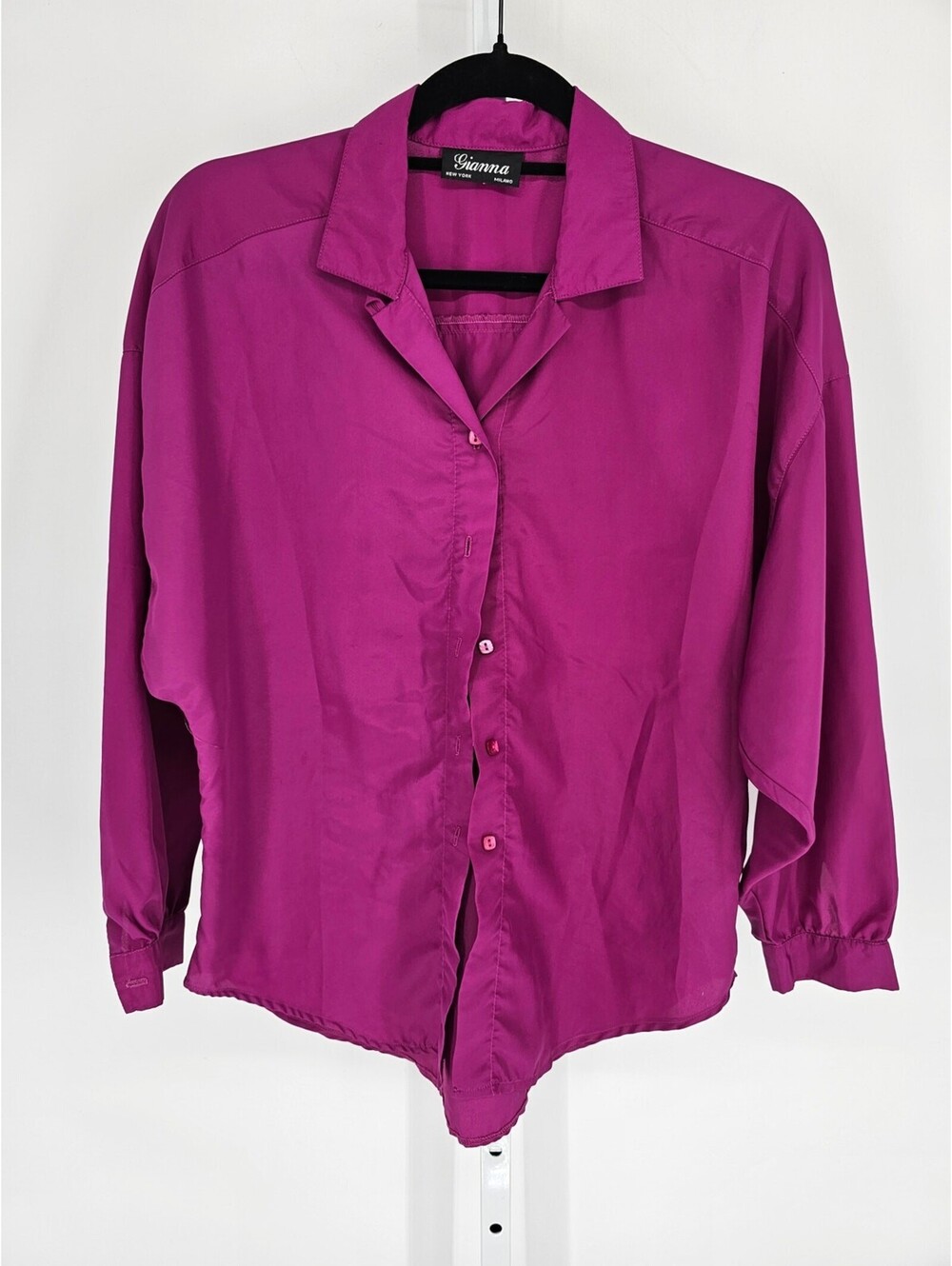 Gianna Womens Sz L Long Sleeve Button Up Blouse Purple Satin